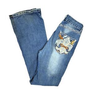 H&Y Fashion Fleur-de-lis Embellished Bootcut Jeans Blue Sz 1/2 Y2K Bling Western